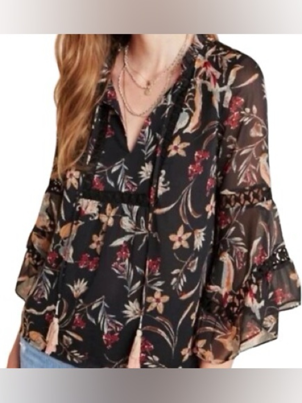 Maeve Anthropologie Odette Floral Peasant Blouse Size Small Bell Sleeve Festival